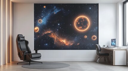 Minimalist galaxy mural in a teenage room with modern decor and gaming setup