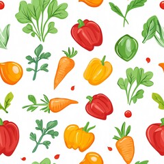 Fototapeta premium Colorful Seamless Vegetable Pattern with Tomatoes, Carrots, Bell Peppers, and Leafy Greens