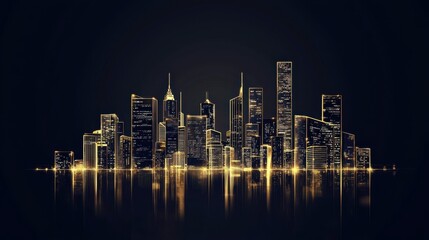 Fototapeta premium An illuminated city skyline at night, showcasing modern architecture and reflecting lights on water, creating a vibrant urban atmosphere.