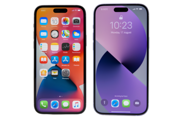 Two smartphone displays with app icons and time interface isolated on transparent background PNG 