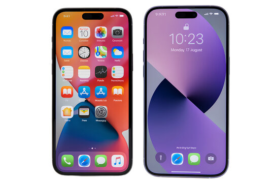 Two smartphone displays with app icons and time interface isolated on transparent background PNG 