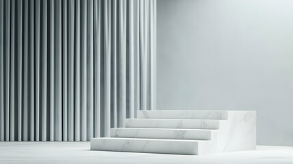 White Marble Staircase Displaying Products against Modern Vertical Panel Background