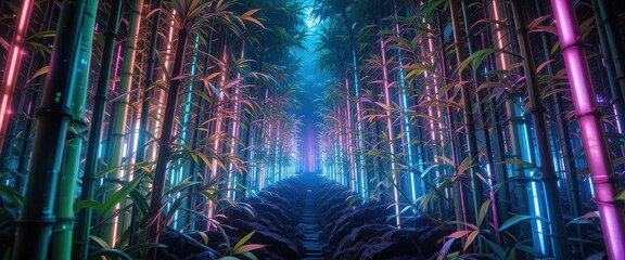 Neon Lights Illuminate a Mystical Bamboo Forest Path at Night Cyberpunk Nature Scene