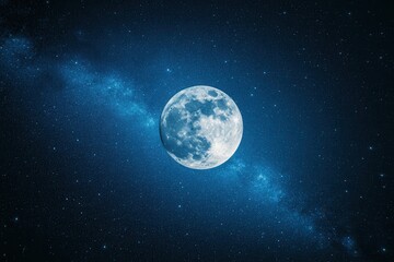 Obraz premium Blue full moon casting magic over the milky way galaxy in a breathtaking night sky scene for astronomy aficionados and celestial photography enthusiasts