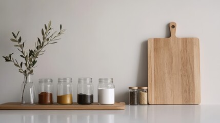 Nordic minimalist kitchen setup with spice jars and olive branch near wooden cutting board