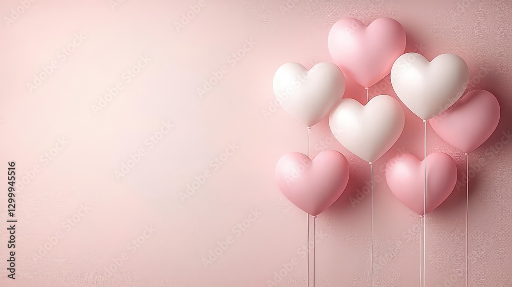 Poster pink and white balloons floating against a soft pink wall background in a party setting