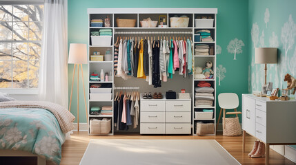 Stylish and organized girl's bedroom closet with white furniture and light teal walls, featuring colorful accessories and a cozy atmosphere.