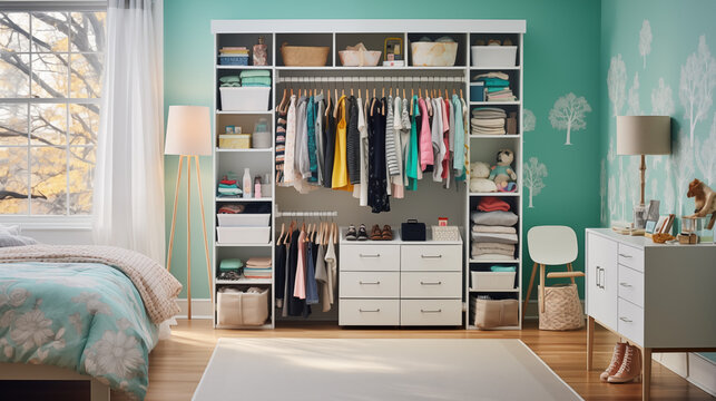 Stylish and organized girl's bedroom closet with white furniture and light teal walls, featuring colorful accessories and a cozy atmosphere.