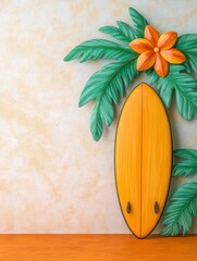 Orange Surfboard With Tropical Palm Leaves and Flowers
