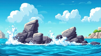 Fototapeta premium Dramatic Ocean Waves Crashing Against Rocks in Minimalist Style