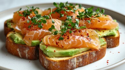 Delicate smoked salmon and avocado toast with microgreens on artisanal bread