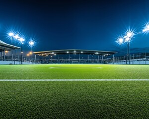 Obraz premium Empty football stadium field with powerful overhead lights, illuminated turf, clear night sky, highresolution details, vibrant lighting effects