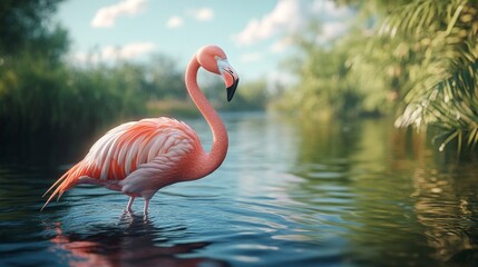 A graceful flamingo stands elegantly in a serene water landscape, surrounded by lush greenery and soft reflections.