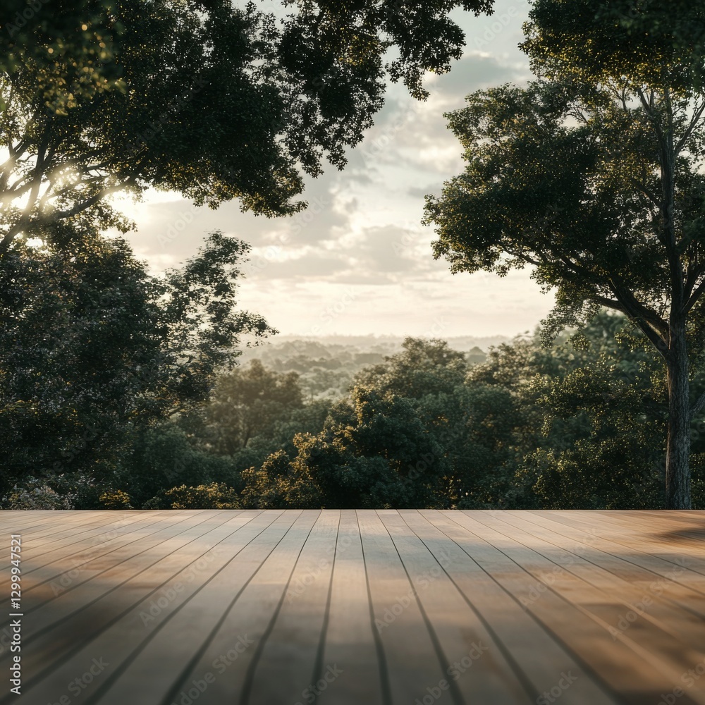 Poster wooden deck overlooking a lush green forest with soft sunlight filtering through the trees at dusk.