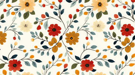 Floral pattern with colorful flowers and green leaves on a light background.