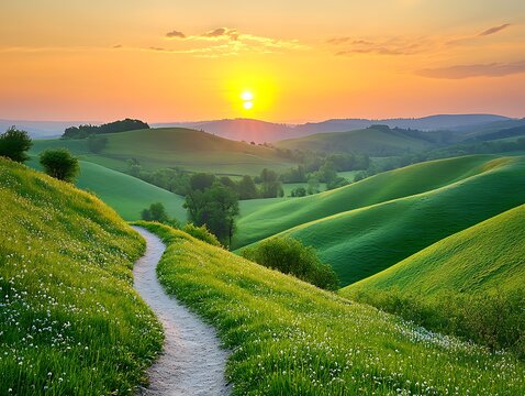 Sunlight illuminates the green rolling hills and open land