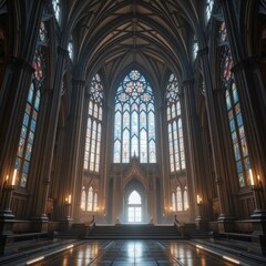 Obraz premium Majestic Gothic Cathedral Interior Grand Hall with Stained Glass Windows and Stone Architecture