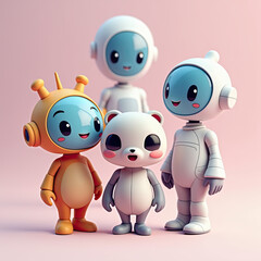 Obraz premium Cute Robot Friends Cartoon 3D Illustration - 3D illustrations