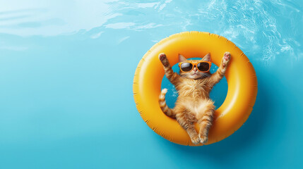 Relaxing orange cat wearing sunglasses, floating in pool on yellow float