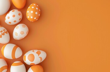 White and orange painted Easter eggs against a vibrant orange background.
