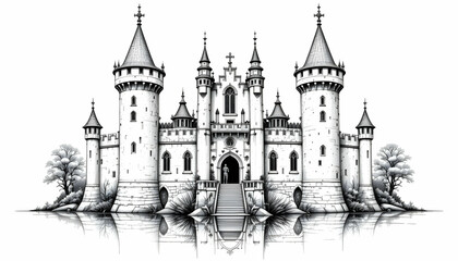 Intricate Castle Illustration with Reflections on Water Surface Art