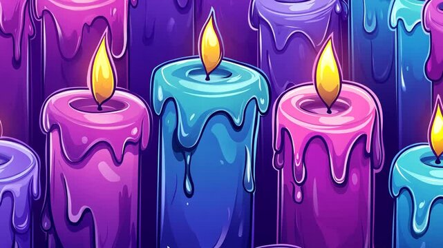 Cartoon styled animation of colorful, vibrant candles with melting wax and flickering flames