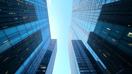 A stunning bottom-up view of towering skyscrapers with reflective glass facades, symbolizing urban development, corporate success, and modern architecture