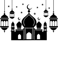 Timeless Mosque Illustration with Eid Mubarak Arabic Calligraphy.