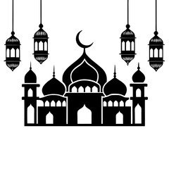 Timeless Mosque Illustration with Eid Mubarak Arabic Calligraphy.