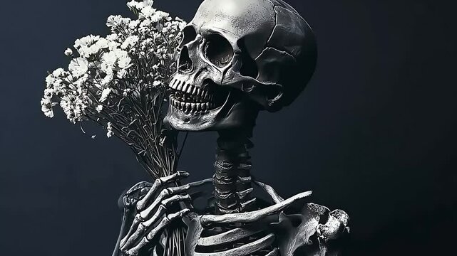 Human skeleton holding a bouquet of flowers waiting a long time, bones, pub, black background	