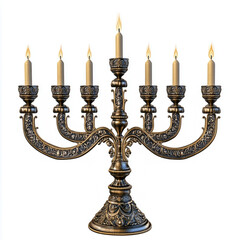 Fototapeta premium Three ornate menorahs with detailed traditional candle holders on transparent background
