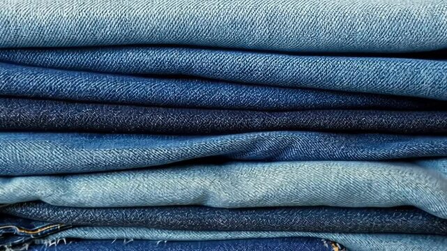 A close-up of neatly stacked denim fabrics in various shades of blue.