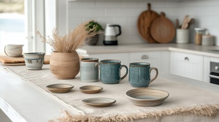Fototapeta premium Serene beachside kitchen with handcrafted ceramics and rustic decor