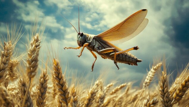 A giant grasshopper flying over a field of wheat.