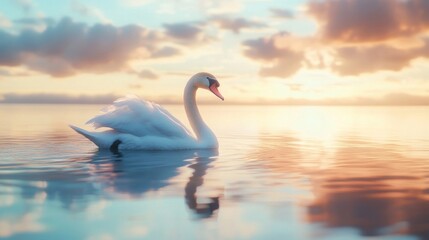 Naklejka premium A serene swan gracefully glides across a tranquil lake at sunset, surrounded by soft pastel colors and gentle clouds.