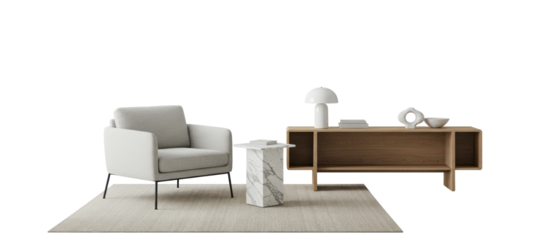 modern interior design furniture chair,  console and decoration table isolated cut-out.