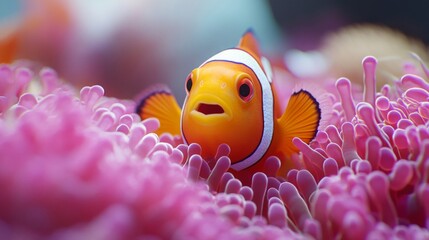 A vibrant clownfish swimming among colorful sea anemone, showcasing the beauty of marine life in a coral reef environment.