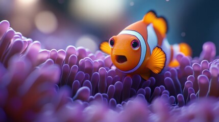 A vibrant clownfish swimming among colorful sea anemones, showcasing the beauty of marine life in a captivating underwater scene.