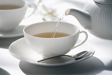 An elegant and serene tea scene capturing a close-up of a finely crafted porcelain teacup with textured ridges, as hot tea is gracefully poured from a matching teapot
