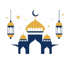 Islamic Eid Mosque Illustration with Hanging Lanterns & Calligraphy.