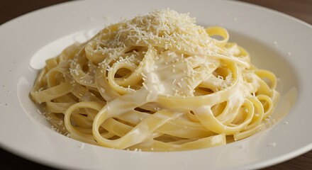 A plate of fettuccine alfredo with rich Parmesan cheese sauce.