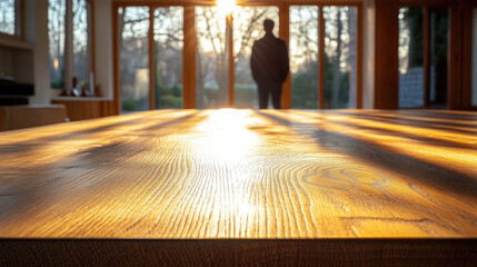Sunlight streams across a wooden surface, casting long shadows. Ideal for showcasing light, texture, and natural elements. Use on design blogs, home decor websites, and in marketing materials.
