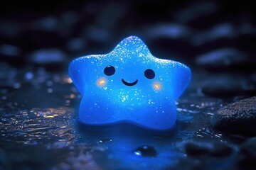 A glowing blue star-shaped figure with a smiling face sits on a wet surface, surrounded by pebbles at night