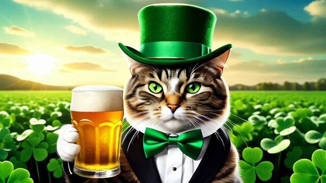 Celebrating St. Patrick's Day with a cat wearing a hat and holding a beer in a field of clovers