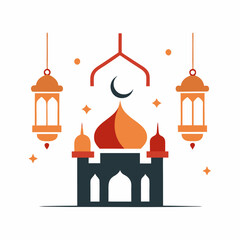 Elegant Mosque Illustration for Eid with Hanging Lanterns.