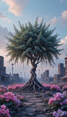 Majestic Twisted Tree in Abandoned Town with Pink Flowers Peaceful Scene Nature