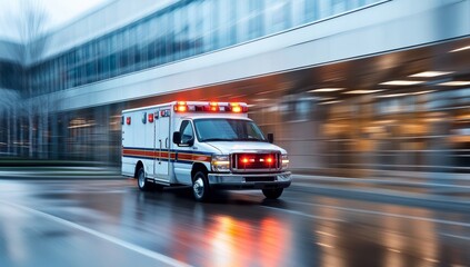 An ambulance is speeding down the street.