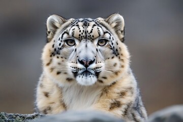 Fototapeta premium Snow leopard resting its head on a rock