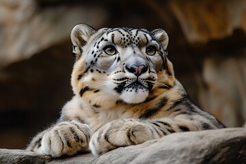 Obraz premium Snow leopard resting its paws on a rock and looking up