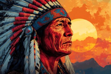 Fototapeta premium Native American Chief Wearing Traditional Headdress Against Sunset Sky